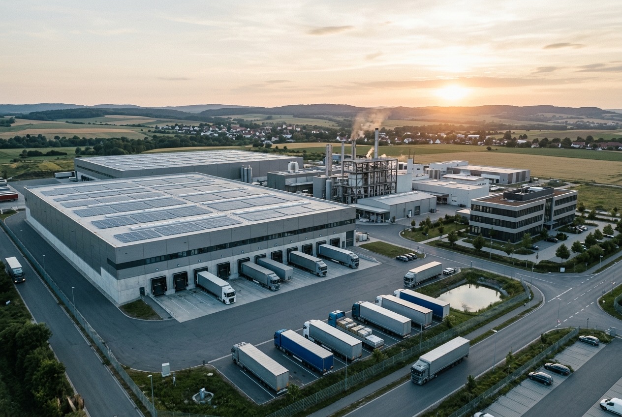 Fabrika, lojistik deposu ve ofislerden oluşan sanayi bölgesi
